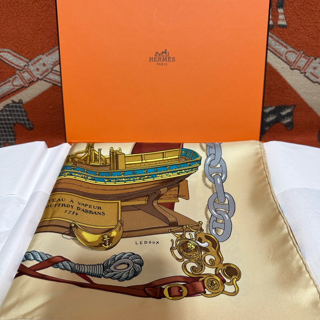 Hermes Cream And Gold Nautical Silk Scarf